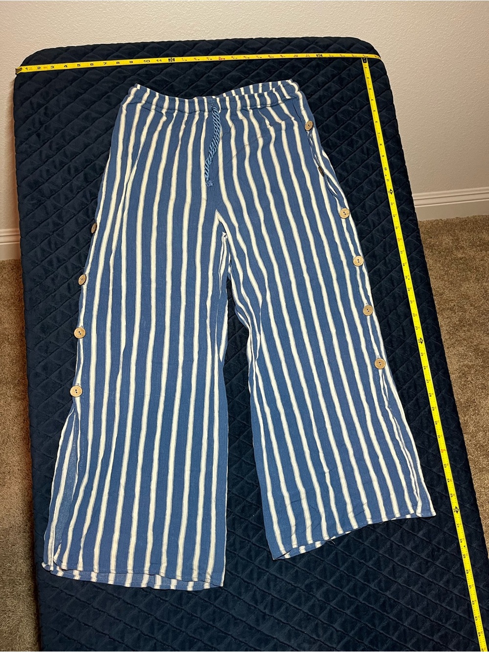 Blue and White Striped Wide-Leg Pants with Side Buttons